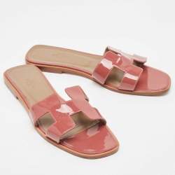 Hermes Pink Patent Leather Oran Flat Slides Size 39