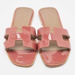 Hermes Pink Patent Leather Oran Flat Slides Size 39