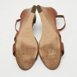 Pre Owned Hermes Brown Leather Legend Wedge Ankle Strap Sandals Size 37