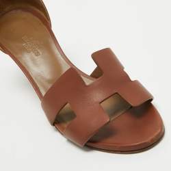 Pre Owned Hermes Brown Leather Legend Wedge Ankle Strap Sandals Size 37