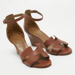 Pre Owned Hermes Brown Leather Legend Wedge Ankle Strap Sandals Size 37