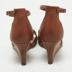 Pre Owned Hermes Brown Leather Legend Wedge Ankle Strap Sandals Size 37