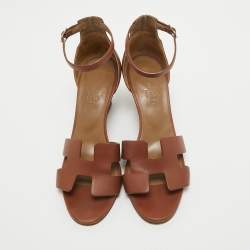 Pre Owned Hermes Brown Leather Legend Wedge Ankle Strap Sandals Size 37