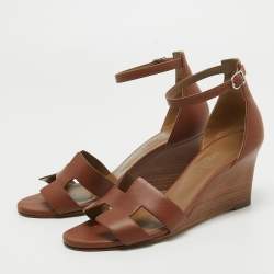 Pre Owned Hermes Brown Leather Legend Wedge Ankle Strap Sandals Size 37