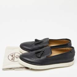 Hermes Black Brogue Leather Tassel Slip On Sneakers Size 38