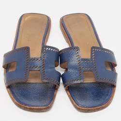 Hermes Blue Textured Leather Oran Flat Slides Size 38