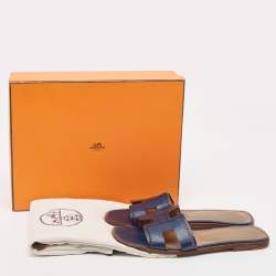 Hermes Blue Textured Leather Oran Flat Slides Size 38