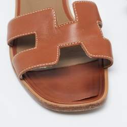 Hermes Tan Leather Oran Flat Slides Size 34.5