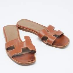 Hermes Tan Leather Oran Flat Slides Size 34.5