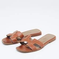 Hermes Tan Leather Oran Flat Slides Size 34.5