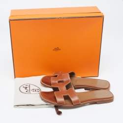 Hermes Tan Leather Oran Flat Slides Size 34.5