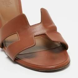 Hermes Brown Leather Oasis Slides Sandals Size 40.5