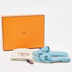 Hermes Blue Leather Oran Flat Slides Size 36