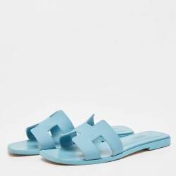 Hermes Blue Leather Oran Flat Slides Size 36