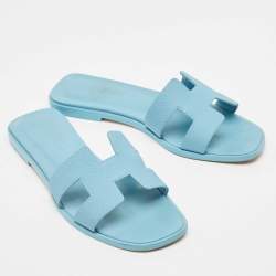 Hermes Blue Leather Oran Flat Slides Size 36