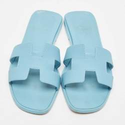 Hermes Blue Leather Oran Flat Slides Size 36