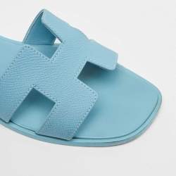 Hermes Blue Leather Oran Flat Slides Size 36