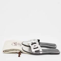 Hermes Silver Leather Omaha Flat Slides Size 38