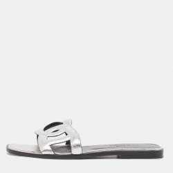 Hermes Silver Leather Omaha Flat Slides Size 38