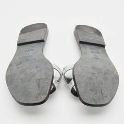 Hermes Silver Leather Omaha Flat Slides Size 38