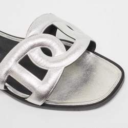 Hermes Silver Leather Omaha Flat Slides Size 38