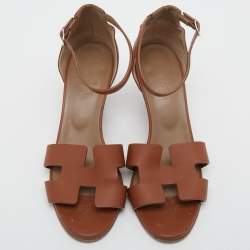 Pre Owned Hermes Brown Leather Legend Wedge Ankle Strap Sandals Size 38.5