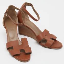 Pre Owned Hermes Brown Leather Legend Wedge Ankle Strap Sandals Size 38.5