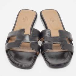 Hermes Black Leather Oran Flat Slides Size 40.5