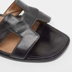 Hermes Black Leather Oran Flat Slides Size 40.5