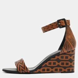 Hermes Black/Brown Printed Leather Acapulco Wedge Sandals Size 40