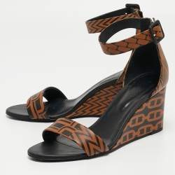 Hermes Black/Brown Printed Leather Acapulco Wedge Sandals Size 40