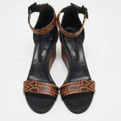 Hermes Black/Brown Printed Leather Acapulco Wedge Sandals Size 40
