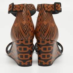 Hermes Black/Brown Printed Leather Acapulco Wedge Sandals Size 40