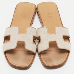 Pre Owned Hermes Two Tone Canvas Oran Flat Slides Size 37.5