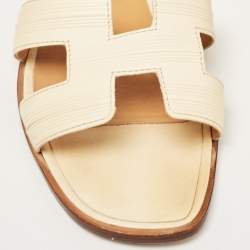 Hermes Cream Leather Oran Flat Slides Size 37.5