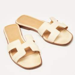 Hermes Cream Leather Oran Flat Slides Size 37.5