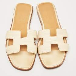 Hermes Cream Leather Oran Flat Slides Size 37.5