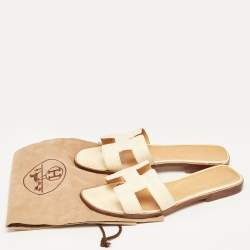 Hermes Cream Leather Oran Flat Slides Size 37.5