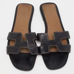 Hermes Black Leather Oran Flat Slides Size 40.5 