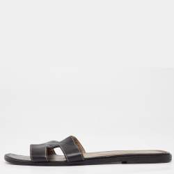 Hermes Black Leather Oran Flat Slides Size 40.5 