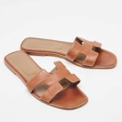 Pre Owned Hermes Brown Leather Oran Flat Slides Size 40  