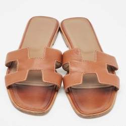Pre Owned Hermes Brown Leather Oran Flat Slides Size 40  