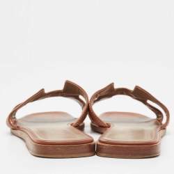 Pre Owned Hermes Brown Leather Oran Flat Slides Size 40  