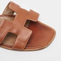 Pre Owned Hermes Brown Leather Oran Flat Slides Size 40  