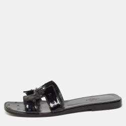 Hermes Black Ostrich Oran Slide Flats Size 39