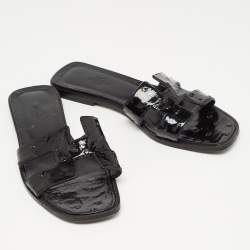 Hermes Black Ostrich Oran Slide Flats Size 39