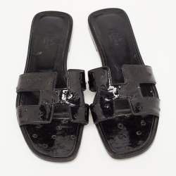 Hermes Black Ostrich Oran Slide Flats Size 39