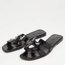 Hermes Black Ostrich Oran Slide Flats Size 39