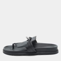 Pre Owned Hermes Black Leather Empire Thong Slides Size 37