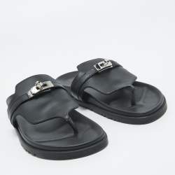 Pre Owned Hermes Black Leather Empire Thong Slides Size 37